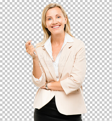Buy stock photo Businesswoman, portrait and happy with confident journalist with pen and excited for career growth. Mature person, writer and positive face for newsletter and isolated on transparent png background