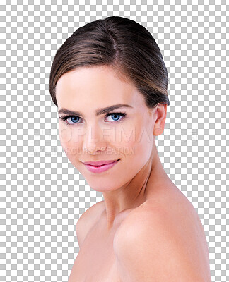 Buy stock photo Beauty, skincare and portrait of woman with confidence, cosmetics and isolated on transparent png background. Dermatology, natural makeup and face of girl with skin glow, wellness and healthy facial.