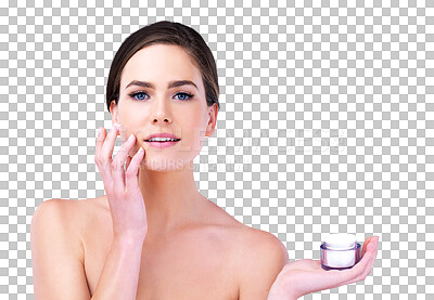 Buy stock photo Cosmetics, skincare and portrait of woman with cream, product placement and isolated on transparent png background. Dermatology, natural beauty and face of girl with skin lotion, collagen and facial.