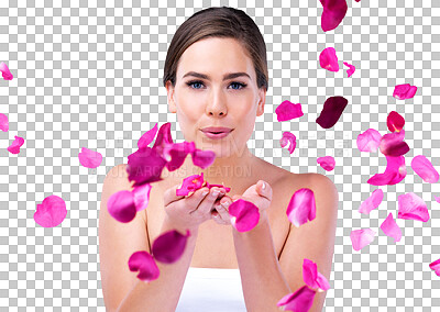 Buy stock photo Blow, rose petals or portrait of woman with skincare, flowers or natural beauty in dermatology or cosmetic. Model, flower and organic foundation for face and isolated on a transparent png background