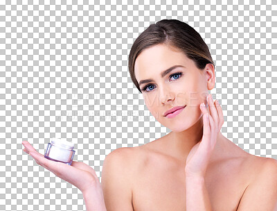Buy stock photo Skincare, cream and portrait of woman with jar, product placement and isolated on transparent png background. Dermatology, cosmetics and face of girl with beauty lotion, collagen and facial treatment