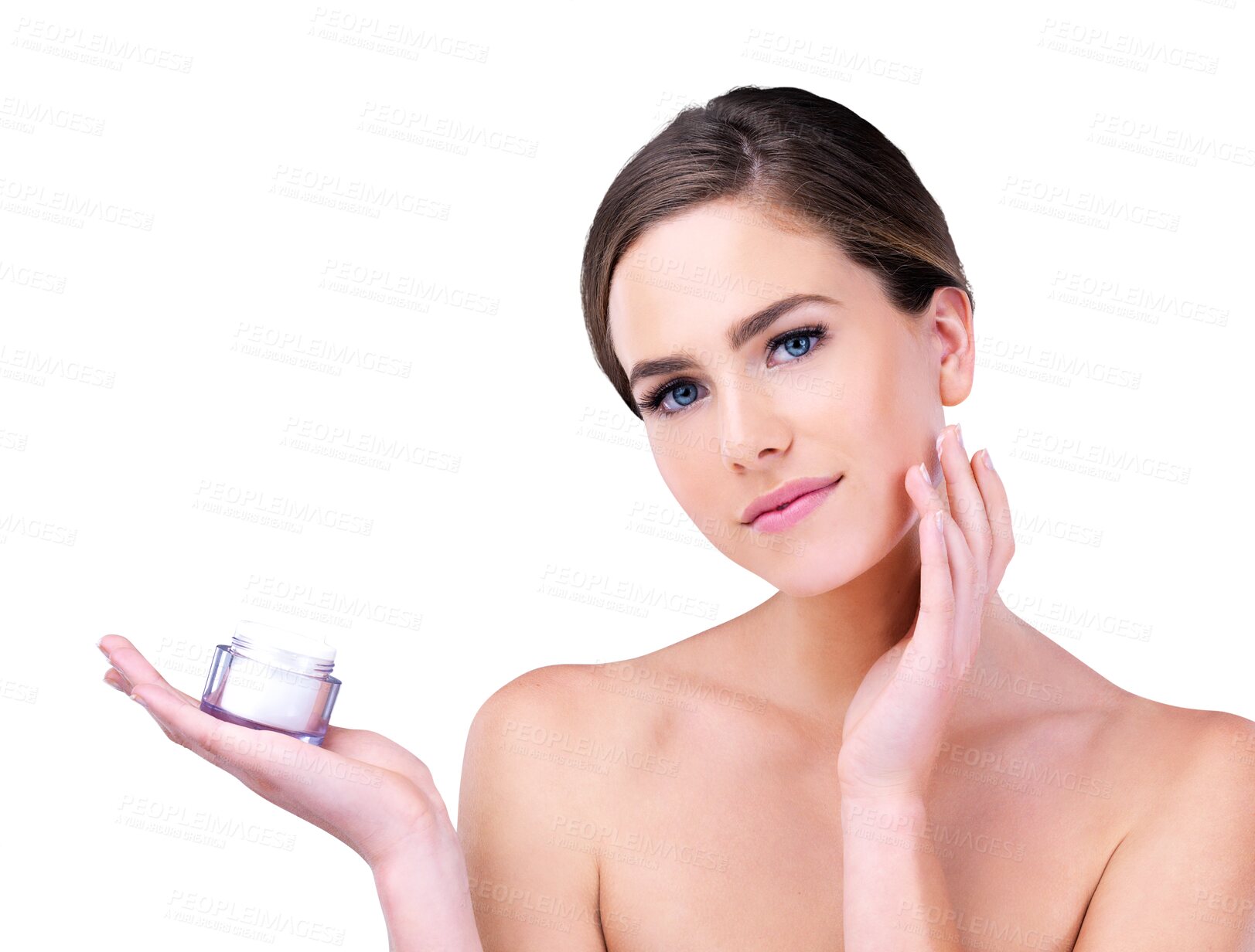 Buy stock photo Skincare, cream and portrait of woman with jar, product placement and isolated on transparent png background. Dermatology, cosmetics and face of girl with beauty lotion, collagen and facial treatment