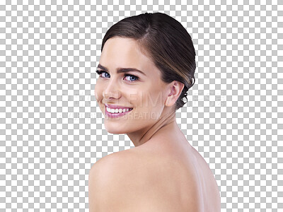 Buy stock photo Portrait, skincare and beauty of happy woman, glow and shine isolated on a transparent png background. Cosmetics, face and female person in facial makeup for dermatology, wellness and healthy skin