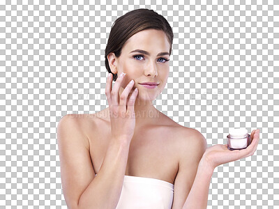 Buy stock photo Dermatology, skincare and portrait of woman with cream, product placement and isolated on transparent png background. Beauty, natural cosmetics and face of girl with skin lotion, collagen and facial.