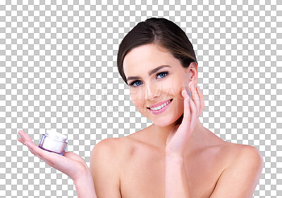 Buy stock photo Beauty, cream and portrait of woman with jar, cosmetics and product placement isolated on transparent png background. Dermatology, skincare and face of girl with lotion, collagen and facial treatment
