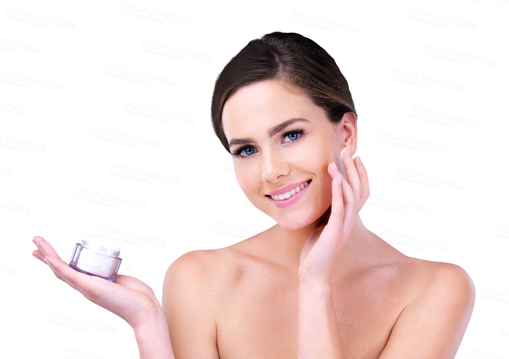 Buy stock photo Beauty, cream and portrait of woman with jar, cosmetics and product placement isolated on transparent png background. Dermatology, skincare and face of girl with lotion, collagen and facial treatment