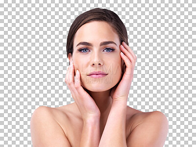 Buy stock photo Portrait, beauty and woman touch skin, glow and shine isolated on a transparent png background. Cosmetics, hands or face of serious female person with facial dermatology, wellness or smooth skincare