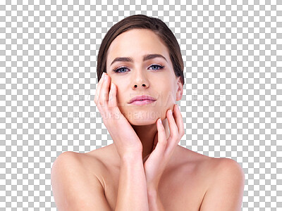 Buy stock photo Portrait, makeup and woman touch skin, glow and smooth isolated on a transparent png background. Cosmetics, hands or face of serious female person with facial dermatology, wellness or care for beauty