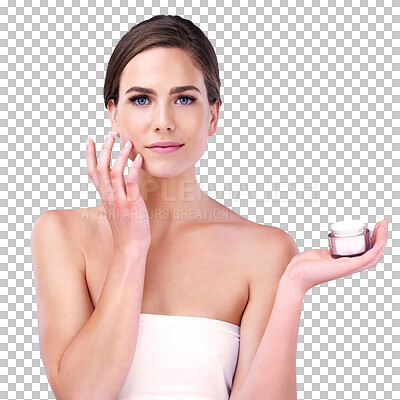 Buy stock photo Beauty, skincare and portrait of woman with cream, product placement and isolated on transparent png background. Dermatology, natural cosmetics and face of girl with skin lotion, collagen and facial.