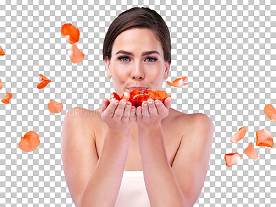 Buy stock photo Blow, rose petals or portrait of woman with flowers, skincare or natural beauty in dermatology or cosmetic. Model, cosmetology or foundation for glow face or isolated on a transparent png background