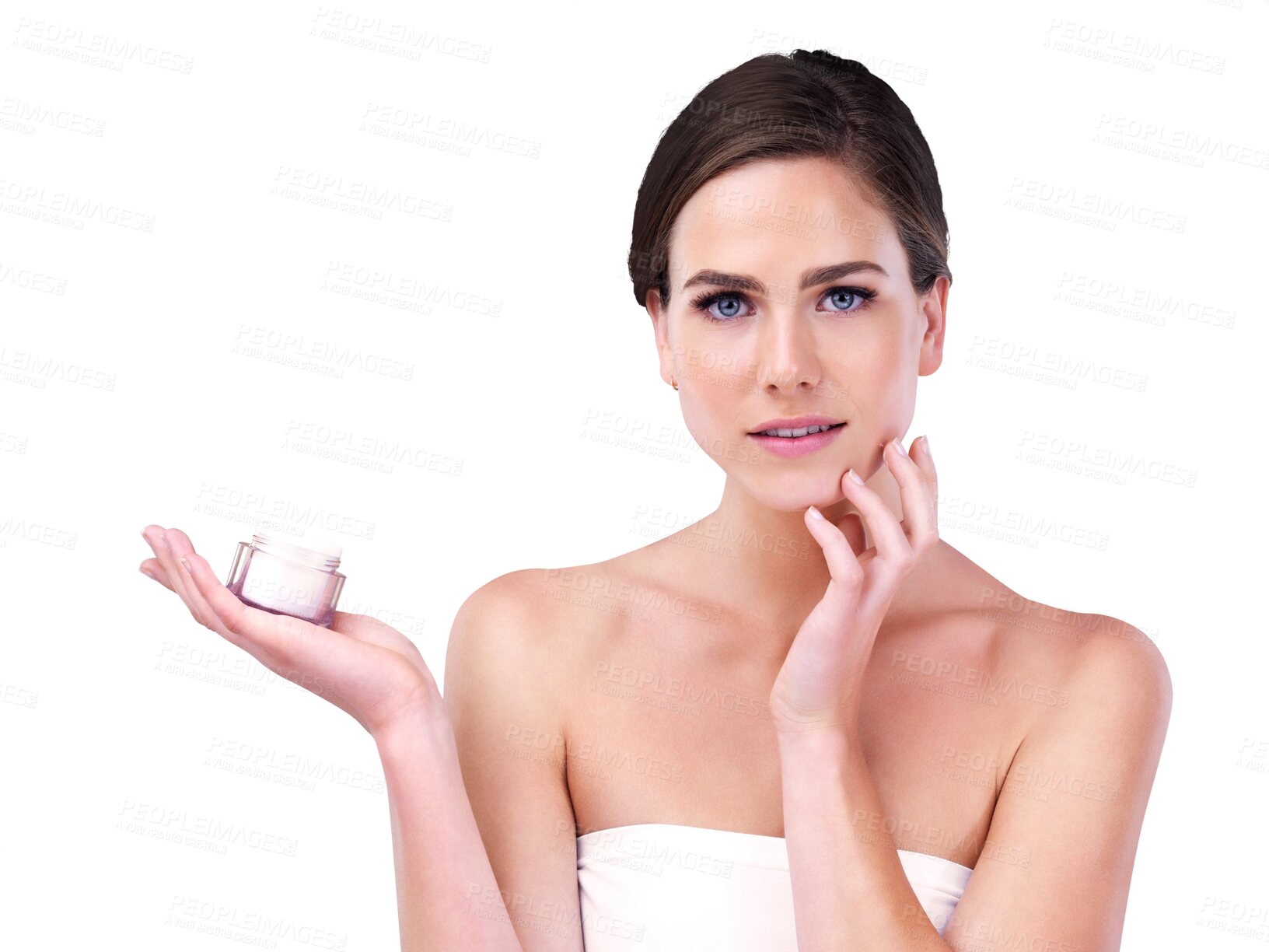 Buy stock photo Beauty, cream and portrait of woman with jar, product placement and isolated on transparent png background. Dermatology, cosmetics and face of girl with skin lotion, collagen and facial treatment.