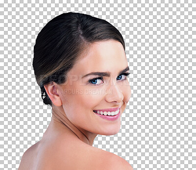 Buy stock photo Beauty, skincare and portrait of happy woman with smile, confidence and isolated on transparent png background. Dermatology, natural makeup and face of girl with skin glow, wellness or healthy facial