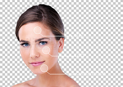 Buy stock photo Woman, overlay and portrait with skincare for beauty, make up and foundation or cosmetology results for glow. Model, face or happy for collagen treatment or isolated on a transparent png background