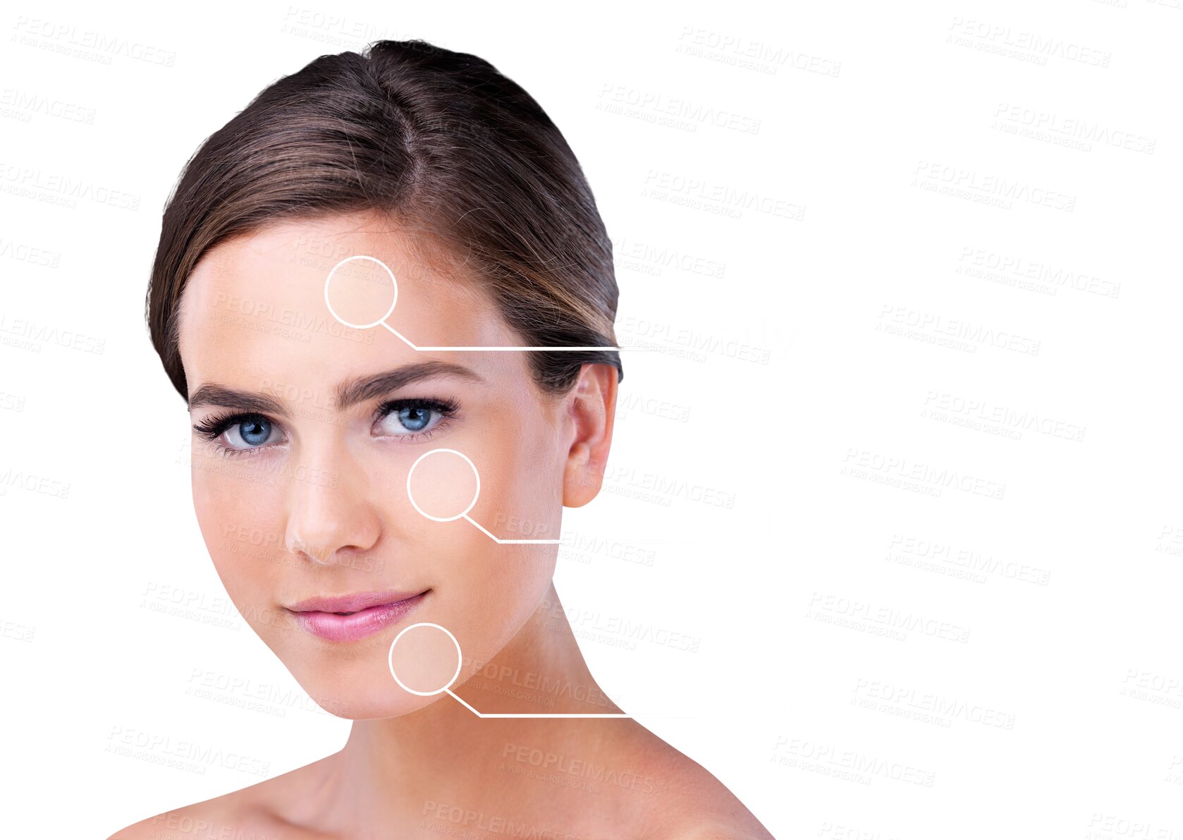 Buy stock photo Woman, overlay and portrait with skincare for beauty, make up and foundation or cosmetology results for glow. Model, face or happy for collagen treatment or isolated on a transparent png background