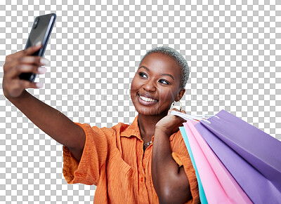 Buy stock photo Selfie, happy and influencer with shopping bags for retail, promotion or discount. Smile, fashion and black woman with smartphone for social media post on isolated, transparent and png background