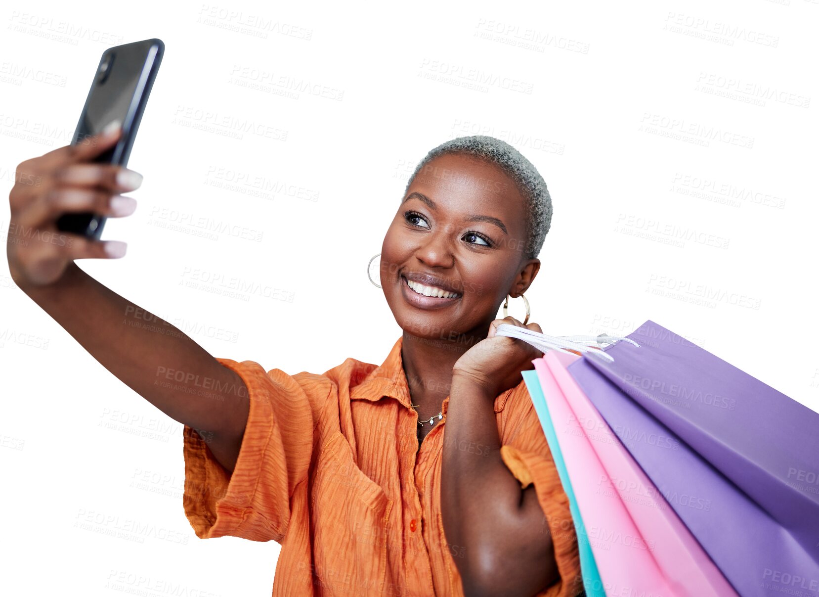 Buy stock photo Selfie, happy and influencer with shopping bags for retail, promotion or discount. Smile, fashion and black woman with smartphone for social media post on isolated, transparent and png background