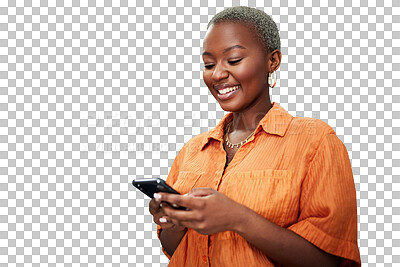 Buy stock photo Woman, cellphone and texting for social media communication or search, meme or laugh. Black person, smartphone and isolated transparent png background or online notification, network or conversation
