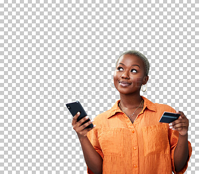 Buy stock photo Woman, phone and thinking with credit card for payment of online shopping, ecommerce or fintech with smile. Black person, customer and internet banking for sale isolated on png transparent background