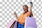 Bags, excited and black woman with a credit card, shopping and b