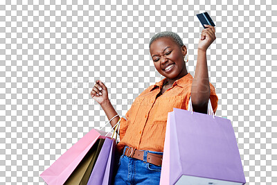 Buy stock photo Bags, excited and black woman with a credit card, shopping and isolated on transparent png background. Female person, shopper and celebration for transaction, payment and smile for promo or ecommerce
