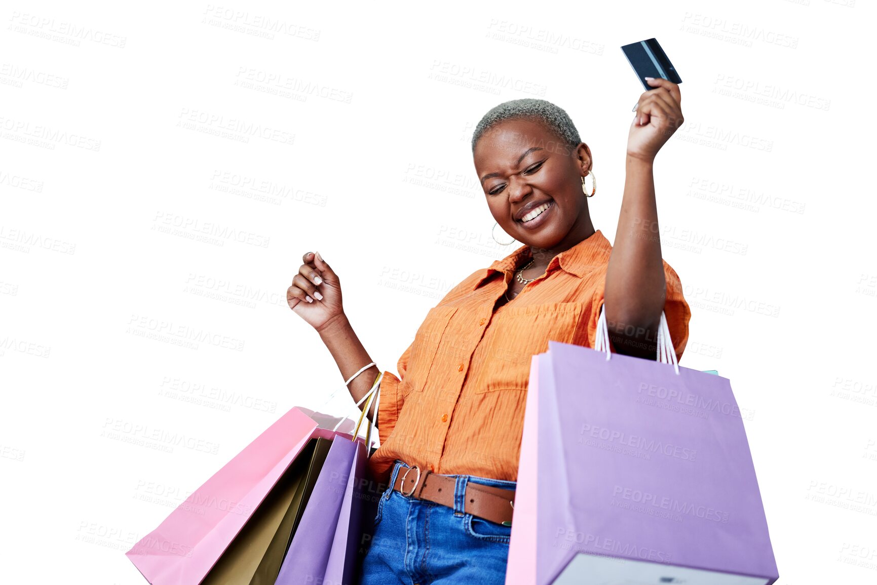 Buy stock photo Bags, excited and black woman with a credit card, shopping and isolated on transparent png background. Female person, shopper and celebration for transaction, payment and smile for promo or ecommerce