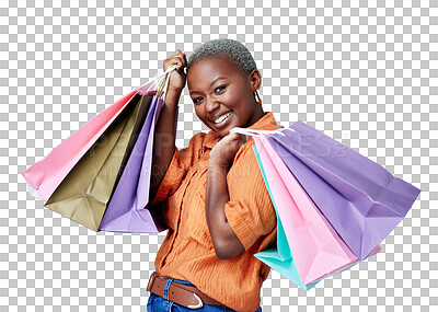 Buy stock photo Bags, excited and black woman in portrait, shopping and isolated on transparent png background. Happy female person, sale and discount for luxury items, customer and smile for promo or ecommerce