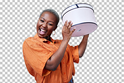 Buy stock photo Black woman, excited and happy with gift box for special event and surprise on isolated transparent png background. Shopping, birthday and present on sale, discount and spend for friendship 