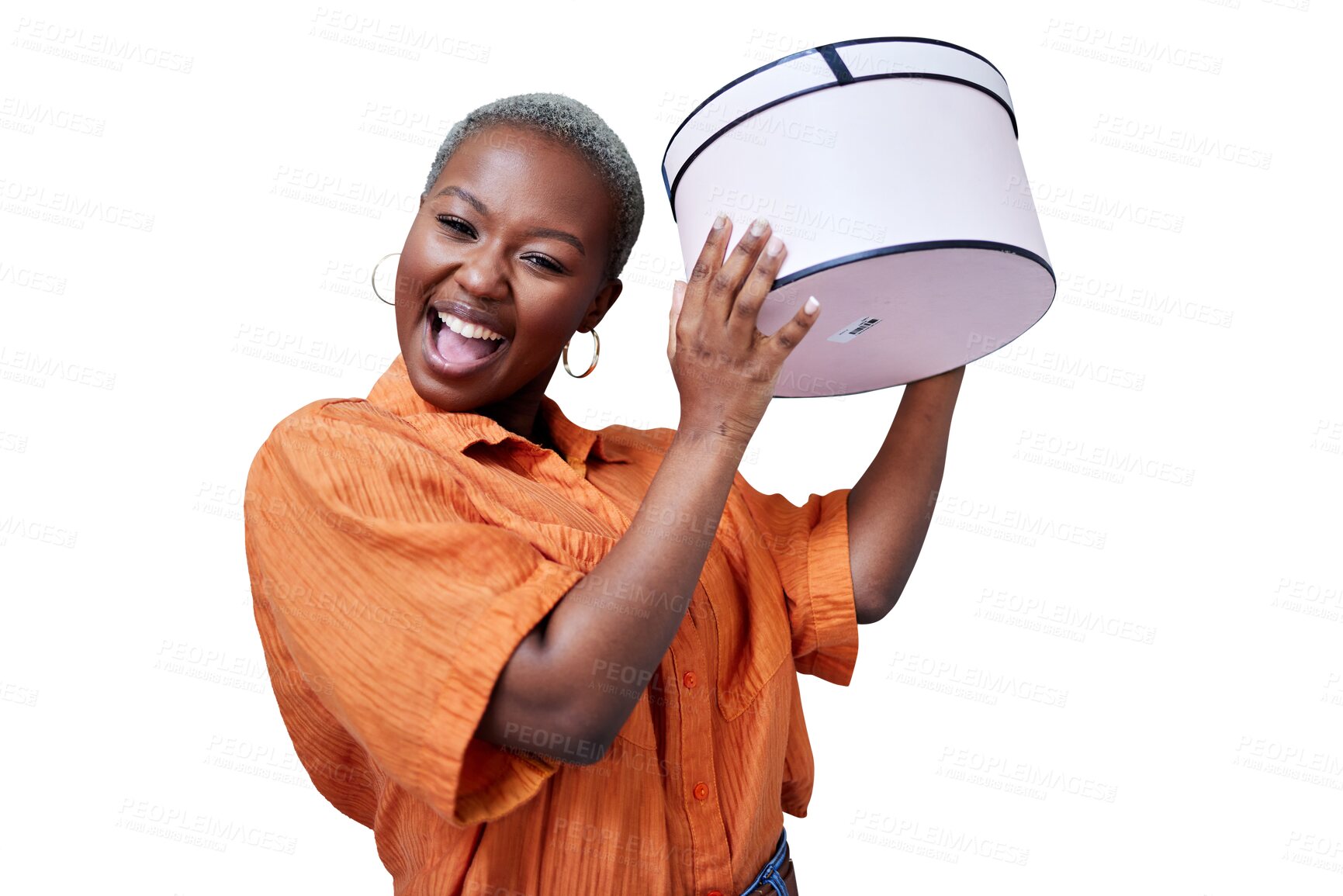 Buy stock photo Black woman, excited and happy with gift box for special event and surprise on isolated transparent png background. Shopping, birthday and present on sale, discount and spend for friendship 