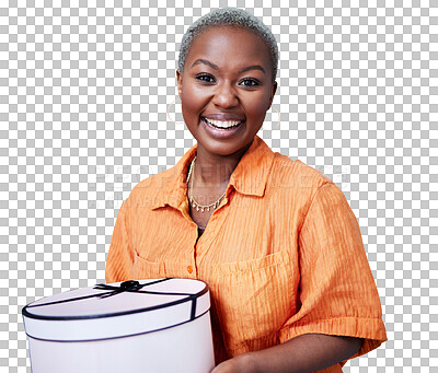 Buy stock photo Happy, smile and portrait of black woman with gift for birthday, surprise or celebration. Excited, package and young African female person with present box isolated by transparent png background.
