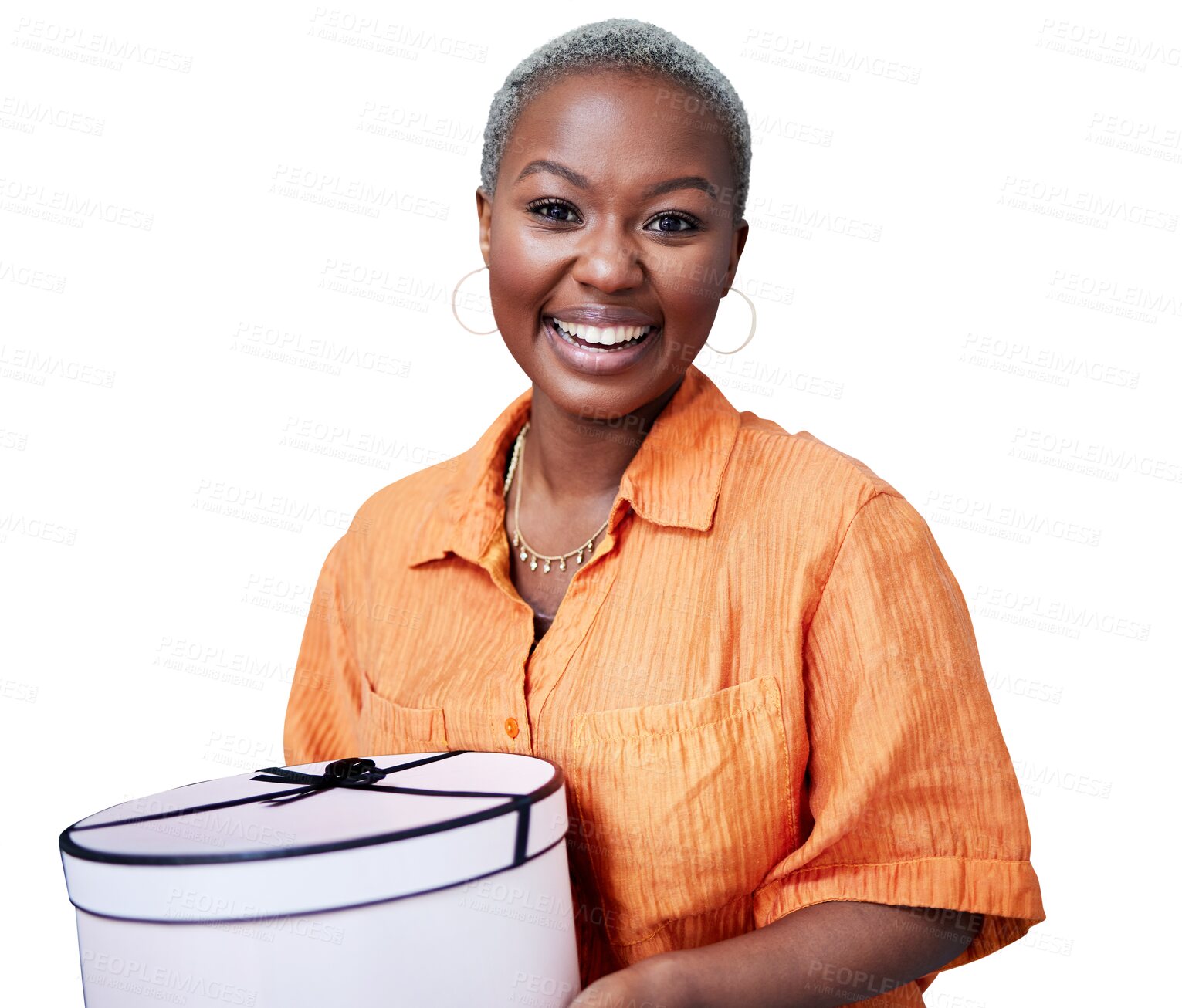 Buy stock photo Happy, smile and portrait of black woman with gift for birthday, surprise or celebration. Excited, package and young African female person with present box isolated by transparent png background.