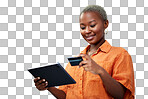 African woman, credit card and tablet in studio for e commerce,