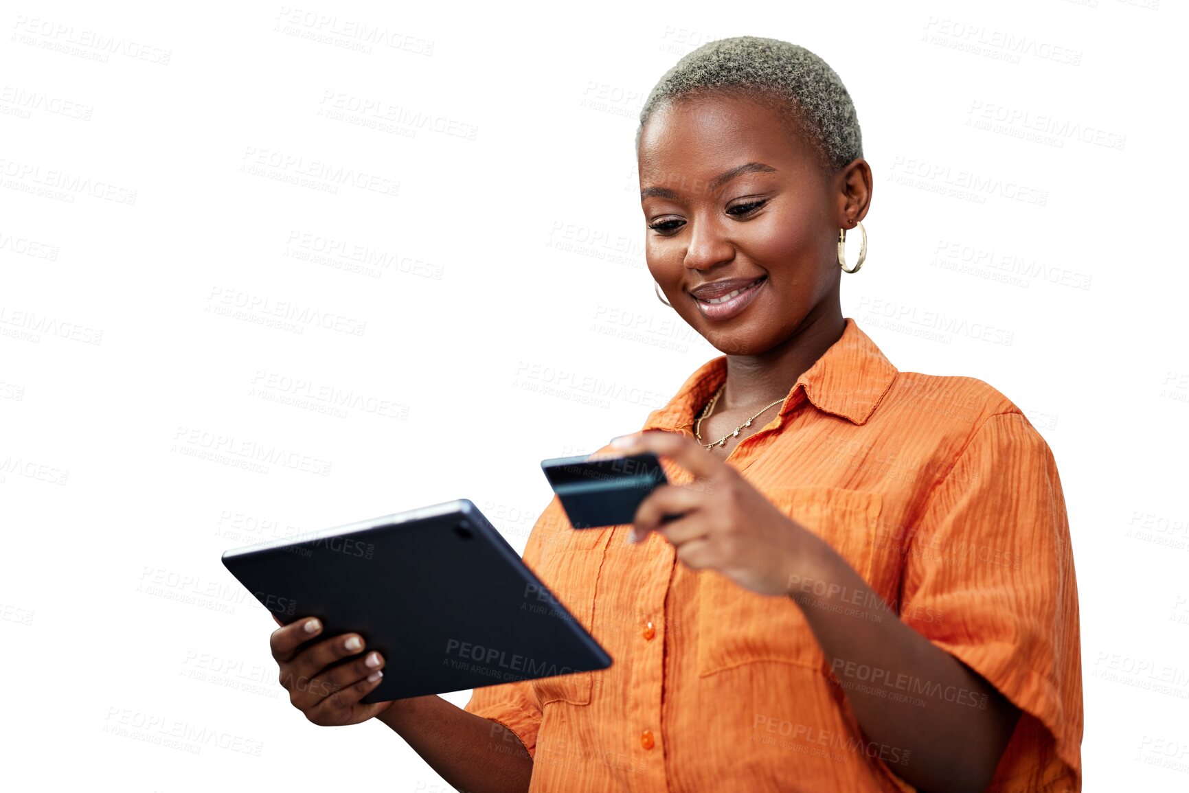Buy stock photo Woman, tablet and happy with credit card for payment of online shopping, ecommerce or shopper with fintech. Black person, customer and internet banking for sale isolated on png transparent background