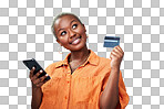 Thinking, phone and credit card with a black woman online shoppi