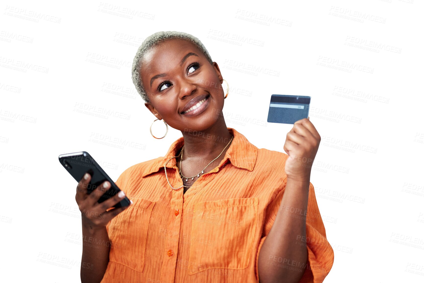 Buy stock photo Woman, phone and thinking or credit card with ecommerce for online shopping, payment or fintech with smile. Black person, customer and internet banking for sale isolated on png transparent background