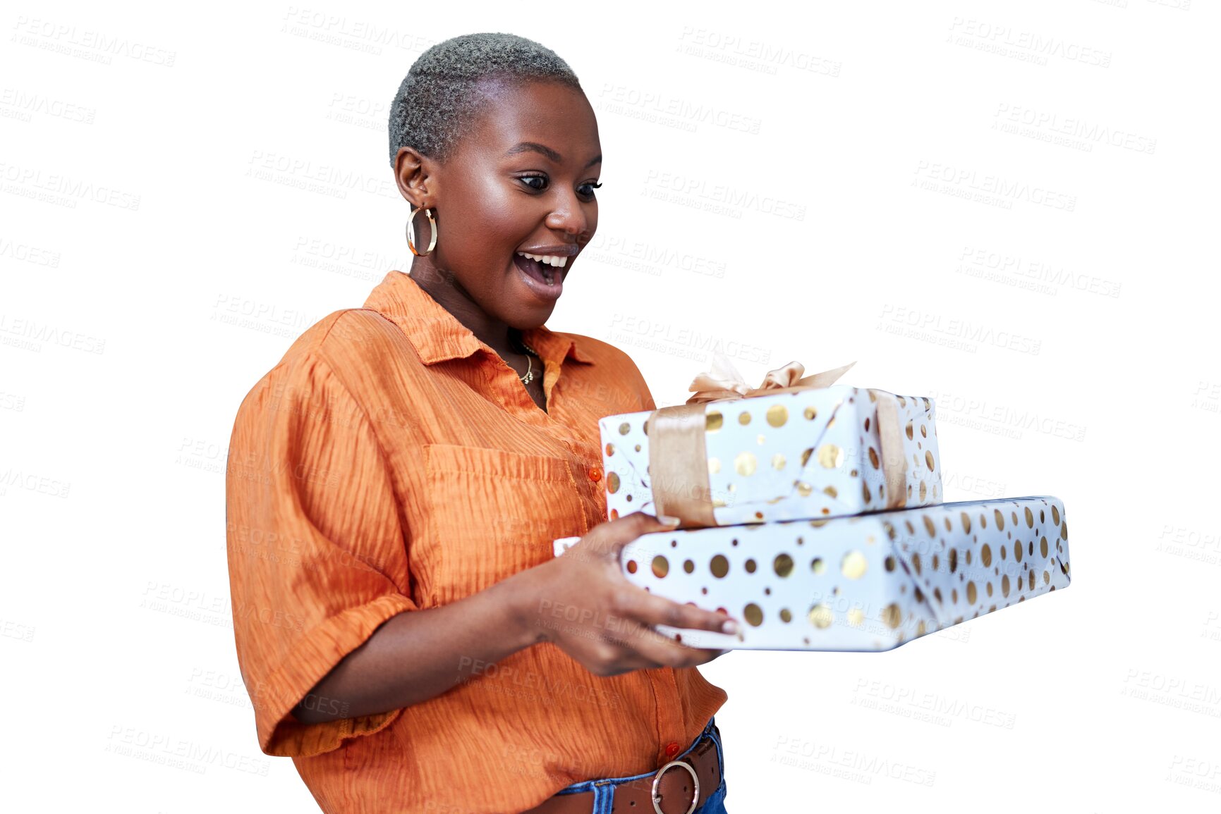 Buy stock photo Surprise, present and black woman with boxes for birthday on transparent, isolated or png background. Wow, excited and girl with shock for gift, package and smile with happiness for giveaway