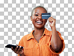 Portrait, phone and credit card with a black woman online shoppi