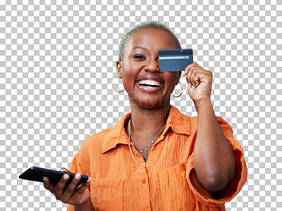 Buy stock photo Woman, phone and portrait with credit card or happy for online shopping, ecommerce and excited for fintech. Black person, customer and internet banking for sale isolated on png transparent background