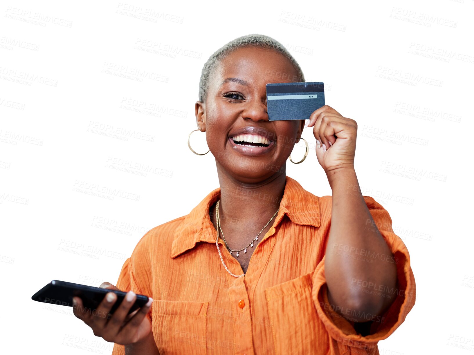 Buy stock photo Woman, phone and portrait with credit card or happy for online shopping, ecommerce and excited for fintech. Black person, customer and internet banking for sale isolated on png transparent background