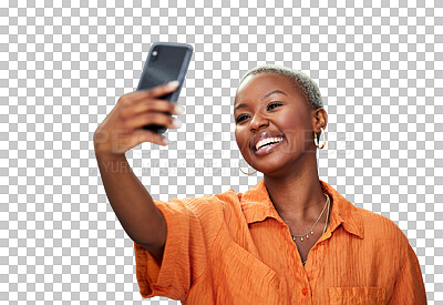 Buy stock photo Selfie, smile and black woman for social media, blog and isolated on transparent png background. Female person, happy and influencer with profile picture, live streaming and mobile app for update