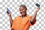 Winner, phone and credit card with a black woman online shopping