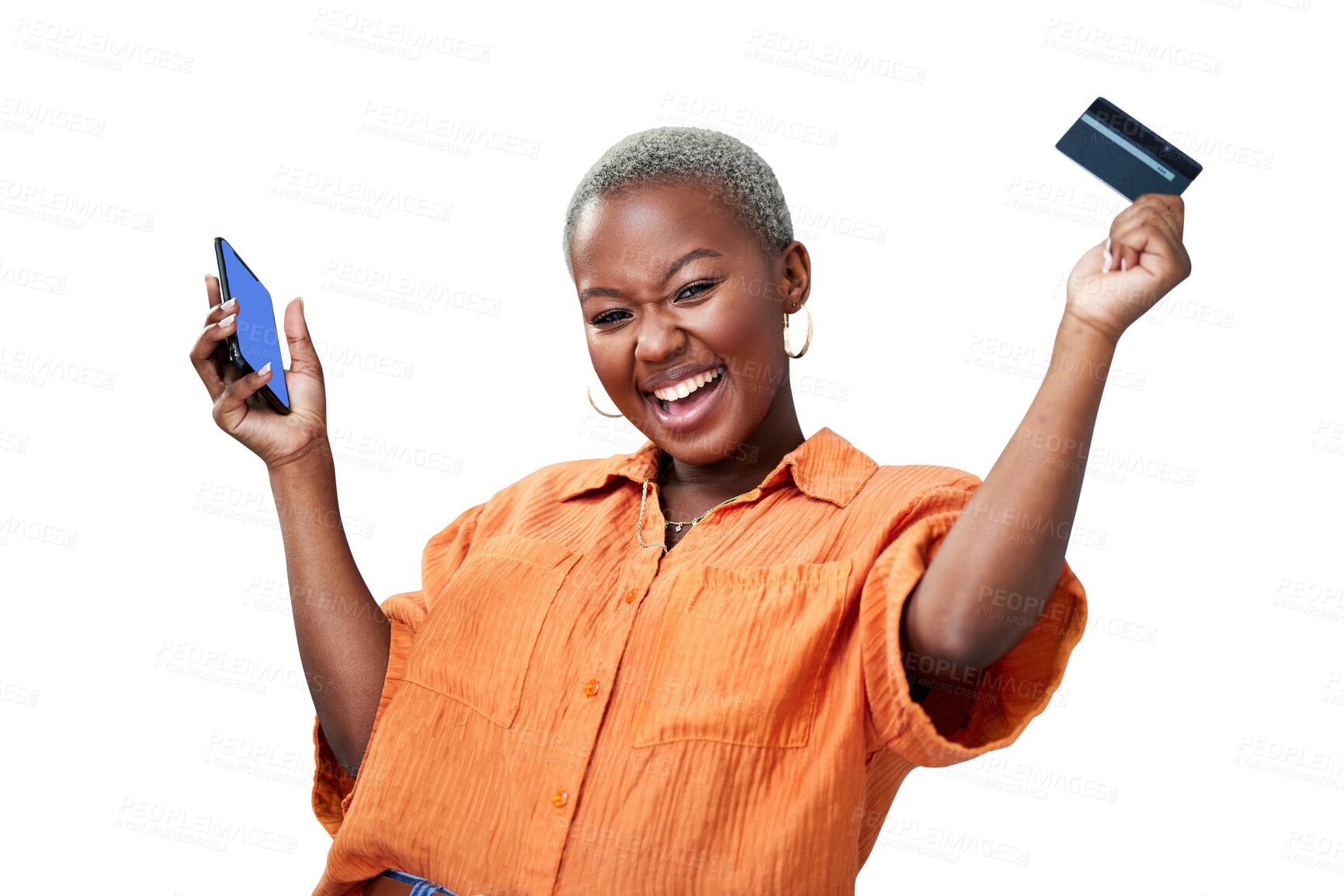 Buy stock photo Woman, phone and portrait with credit card for success of online shopping, ecommerce or excited for fintech. Black person, customer or internet banking for sale isolated on png transparent background