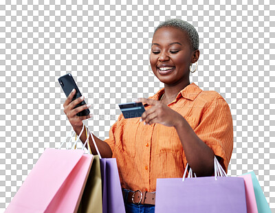 Buy stock photo Bags, phone and black woman with a credit card, banking app and isolated on transparent png background. Female person, online shopping and transaction for order, payment and promotion or ecommerce