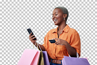 Buy stock photo Bags, phone and black woman with a credit card, shopping and isolated on transparent png background. Female person, banking app and happy with transaction, payment and smile for promo or ecommerce