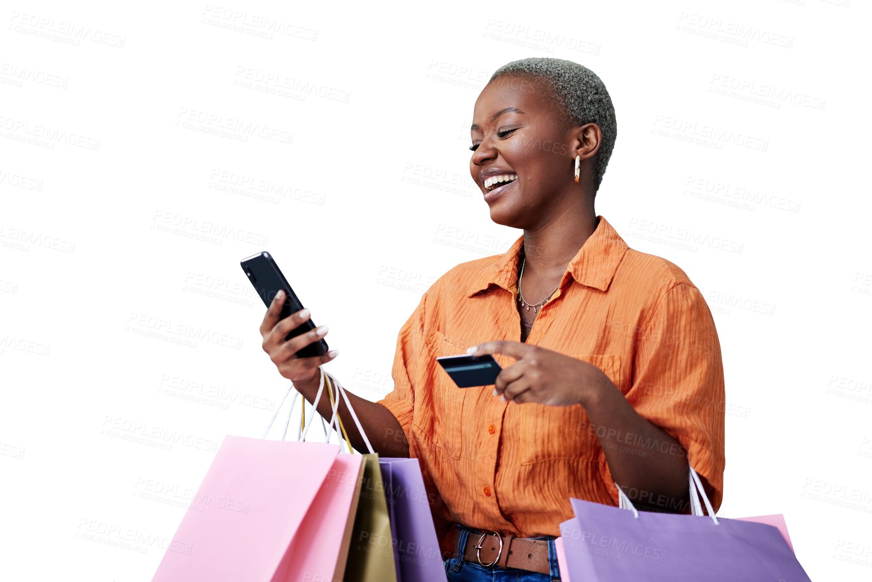 Buy stock photo Bags, phone and black woman with a credit card, shopping and isolated on transparent png background. Female person, banking app and happy with transaction, payment and smile for promo or ecommerce