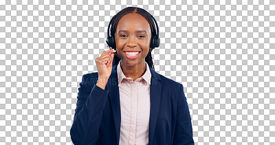 Buy stock photo Call center, woman and portrait in studio for customer service, CRM questions or IT support. Happy telemarketing agent or african consultant with microphone isolated on a transparent, png background