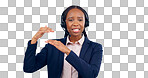 Call center, customer support and portrait of black woman in studio talking, speaking and consulting. Telemarketing service, communication and person with headset for contact on gray background