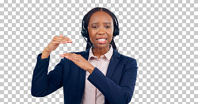 Buy stock photo Portrait, woman and headset with hands for customer service, help desk support or telemarketing. African call center agent, client relationship management and isolated on transparent png background