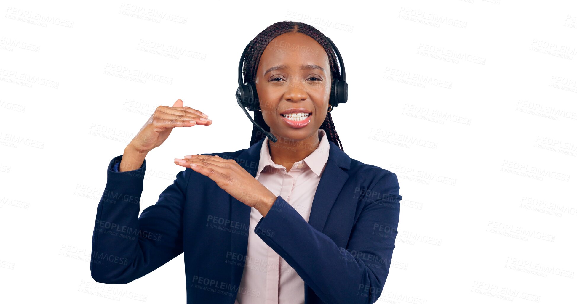 Buy stock photo Portrait, woman and headset with hands for customer service, help desk support or telemarketing. African call center agent, client relationship management and isolated on transparent png background