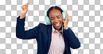 Dance, headphones and business woman in studio for celebration, freedom and excited for winning on grey background. Happy african worker listening to music, audio or streaming radio sound with energy