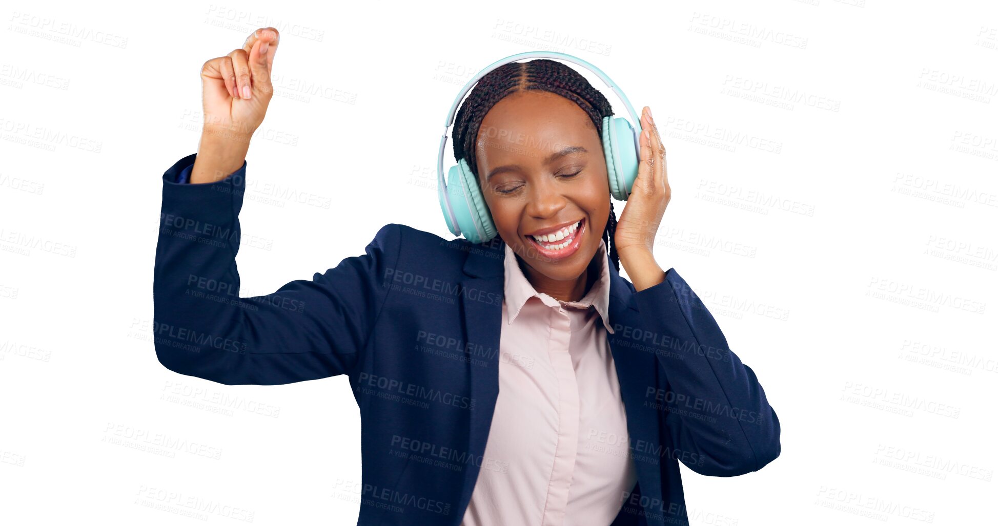 Buy stock photo Business woman, headphones and png background for celebration, promotion and happiness with smile. African female person, dance and formal for transparent, isolated and excited for music and winning